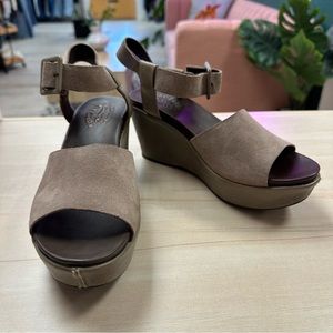 Kork-Ease grayish taupe leather and suede wedge sandals